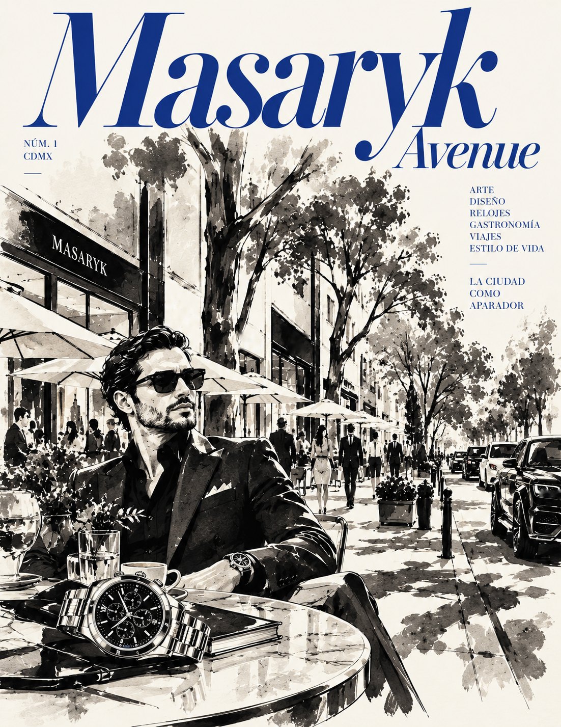 Portada del número 01: ilustración en tinta de un hombre con reloj en una terraza arbolada de Masaryk